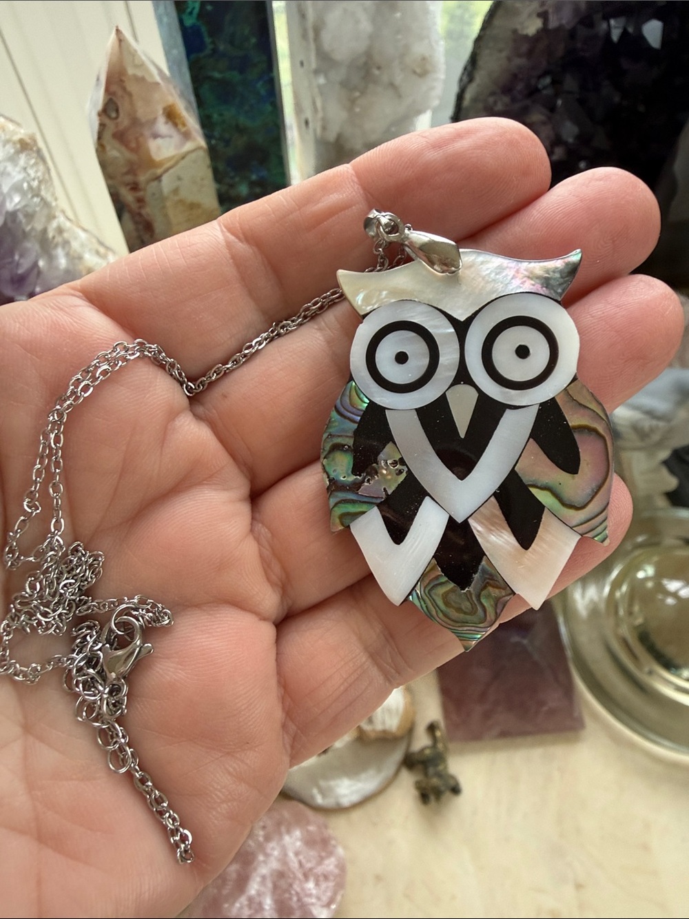 Abalone Owl Pendant Necklace in Abalone and White Shell - Women Jewelry